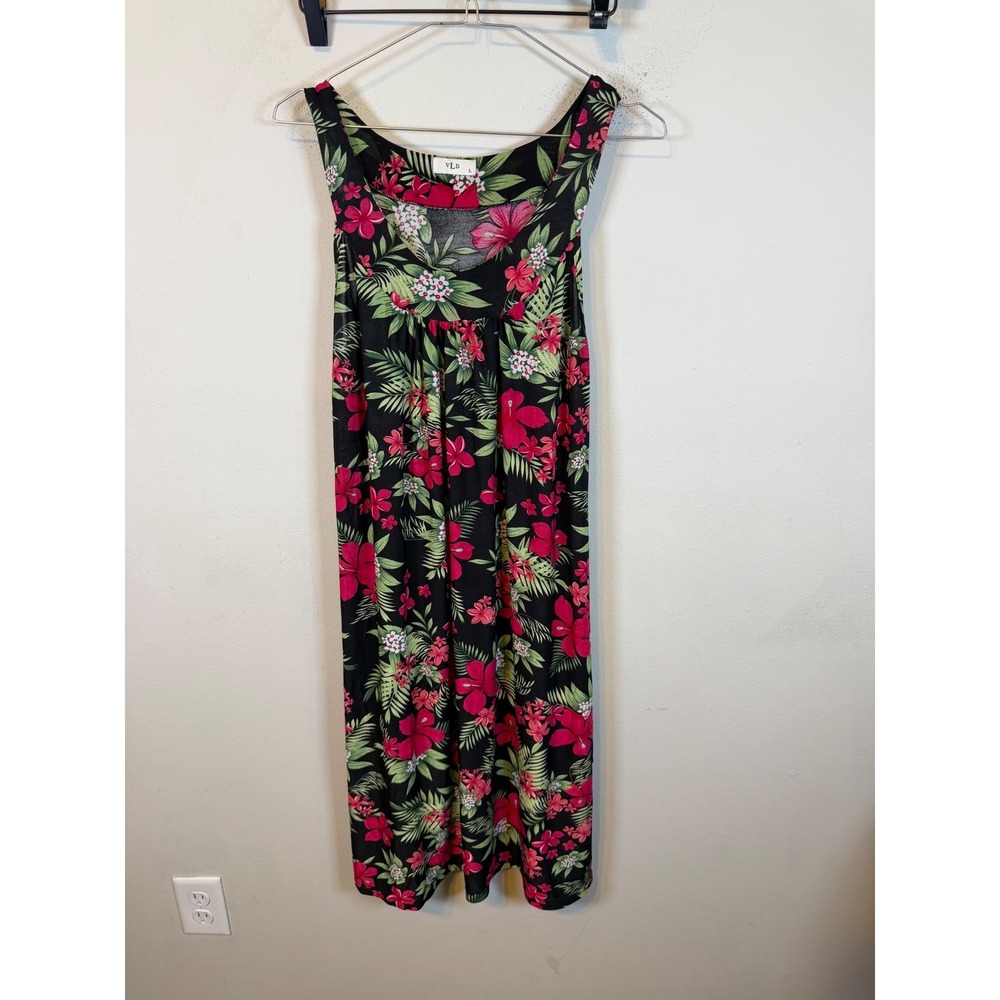 VLD Womens Midi Dress Tropical Floral Hibiscus Black Size L